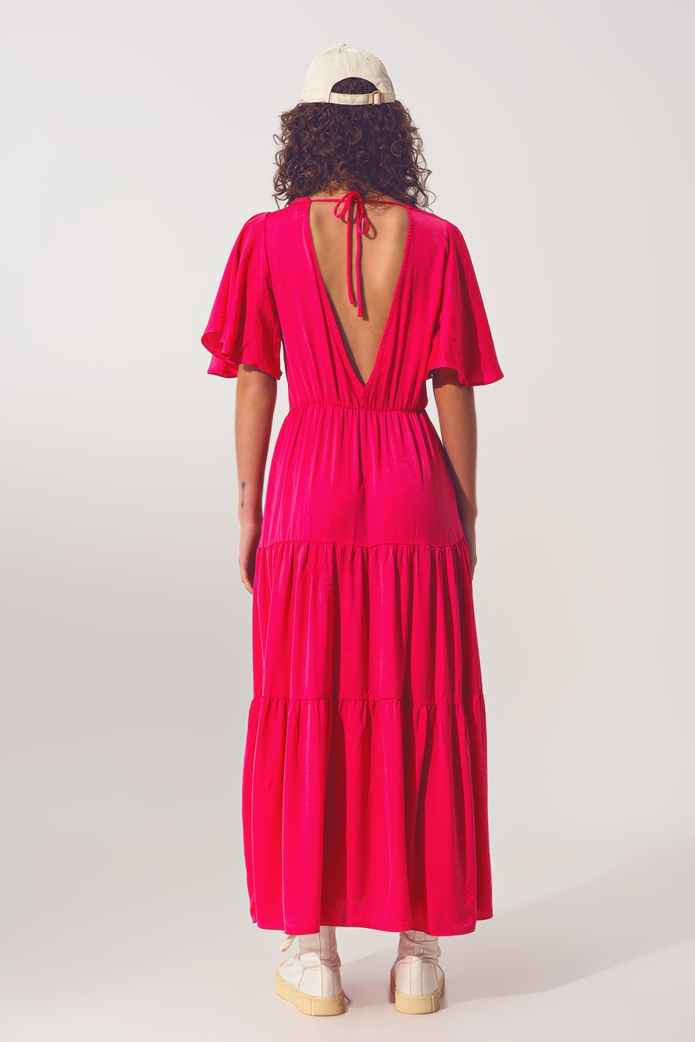 Robe Longue à col V et Smocks en fucsia