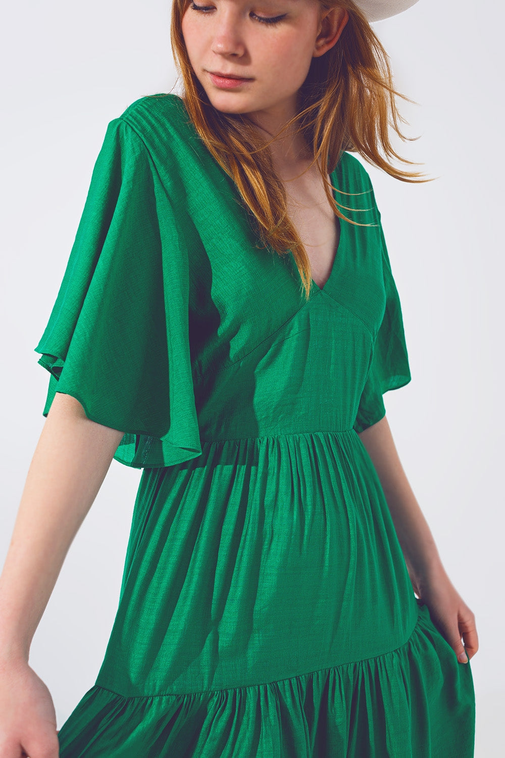 Robe Longue à Col V et Smocks en Vert