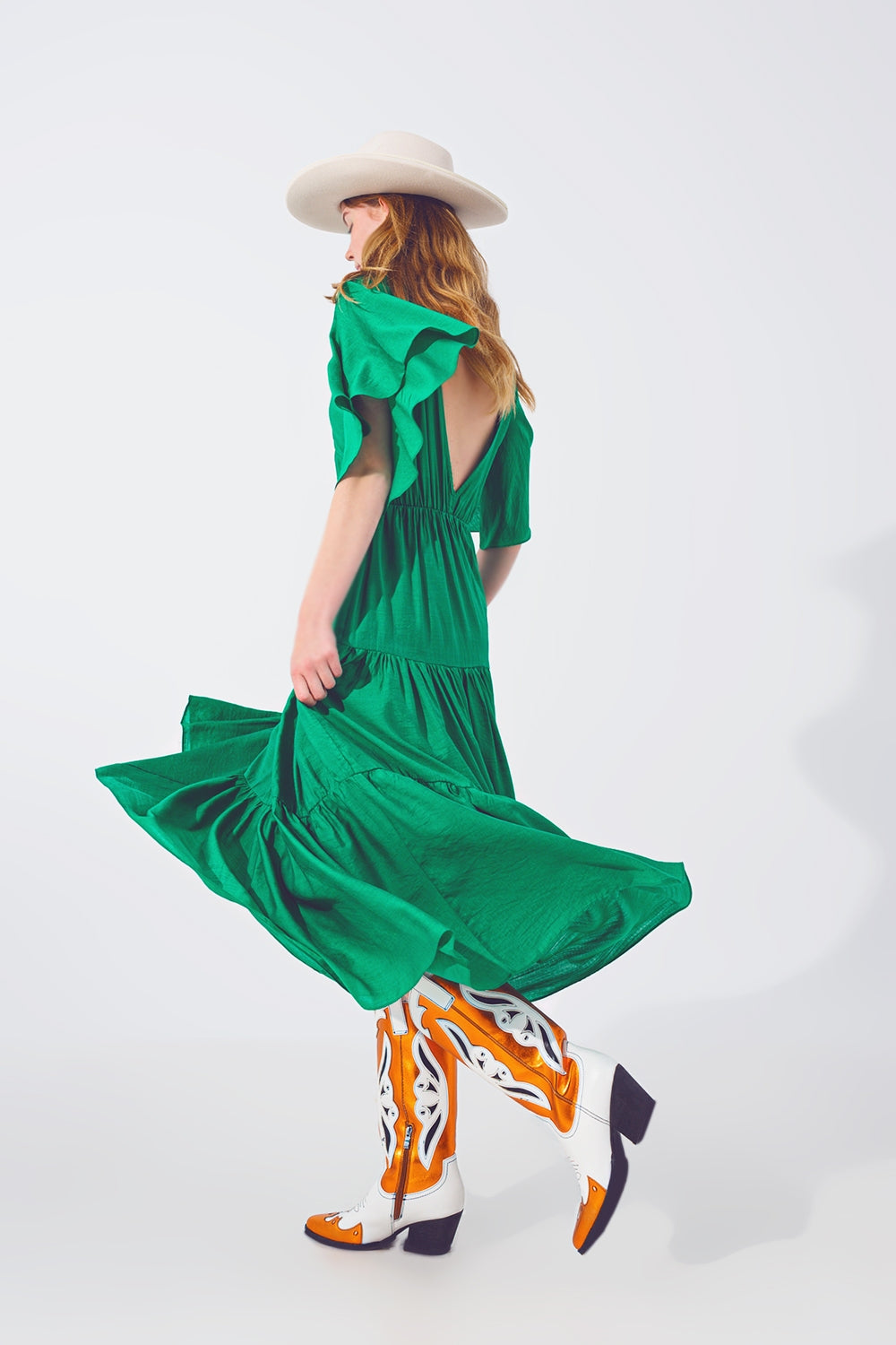 Robe Longue à Col V et Smocks en Vert