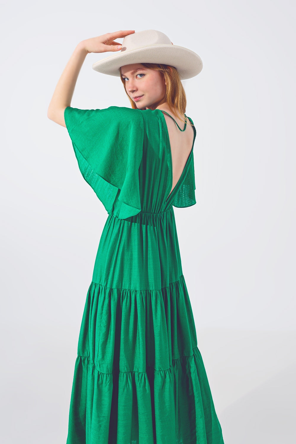 Robe Longue à Col V et Smocks en Vert