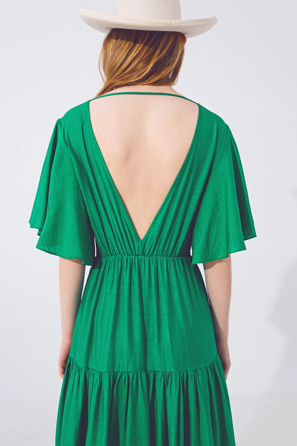 Robe Longue à Col V et Smocks en Vert