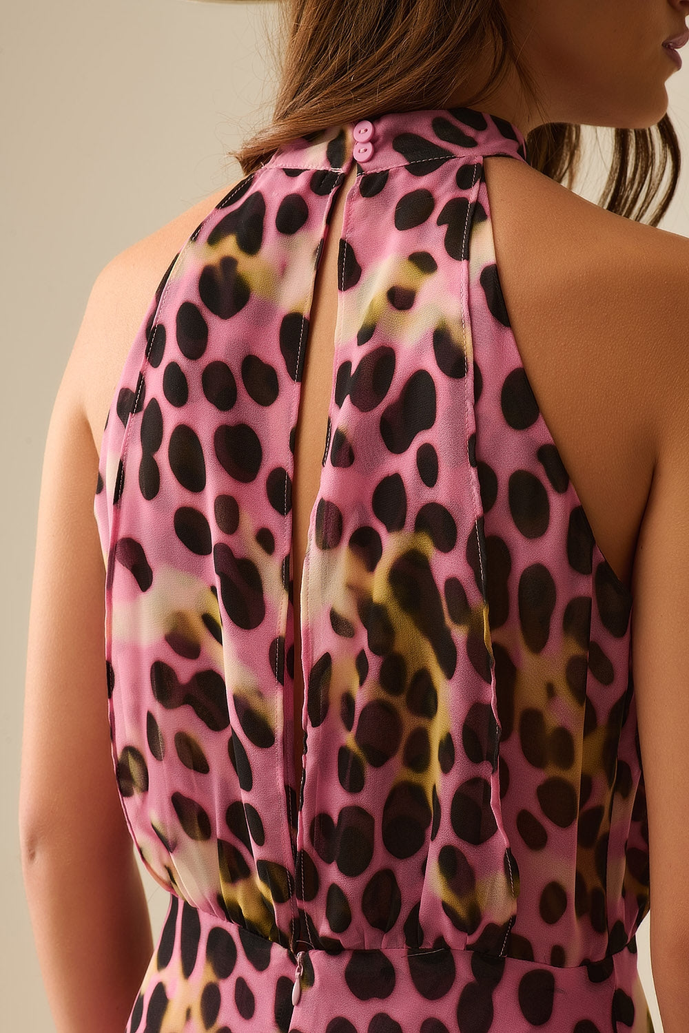Robe midi à col licou croisé en imprimé animalier rose et noir