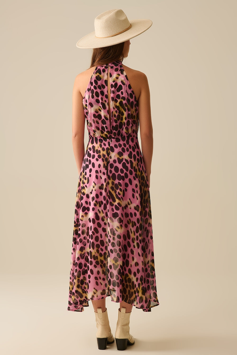 Robe midi à col licou croisé en imprimé animalier rose et noir