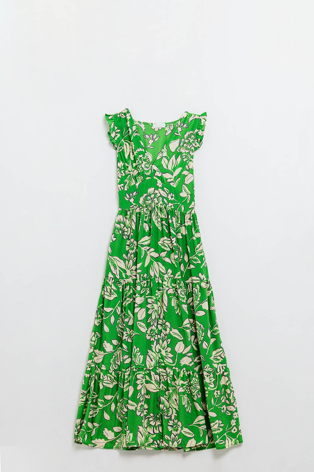 Robe longue à taille cintrée à imprimé floral en vert