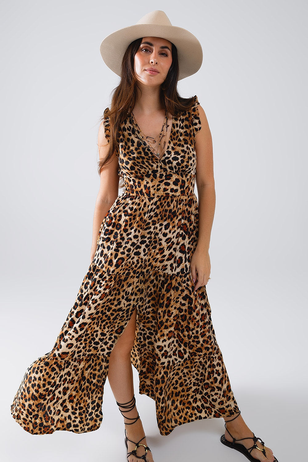 Robe longue à taille cintrée en imprimé léopard