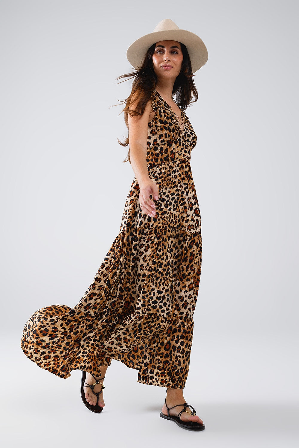Robe longue à taille cintrée en imprimé léopard
