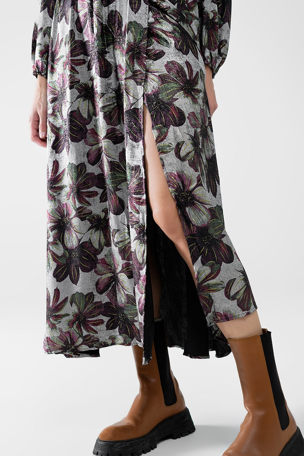robe longue avec imprimé floral à effet métallique