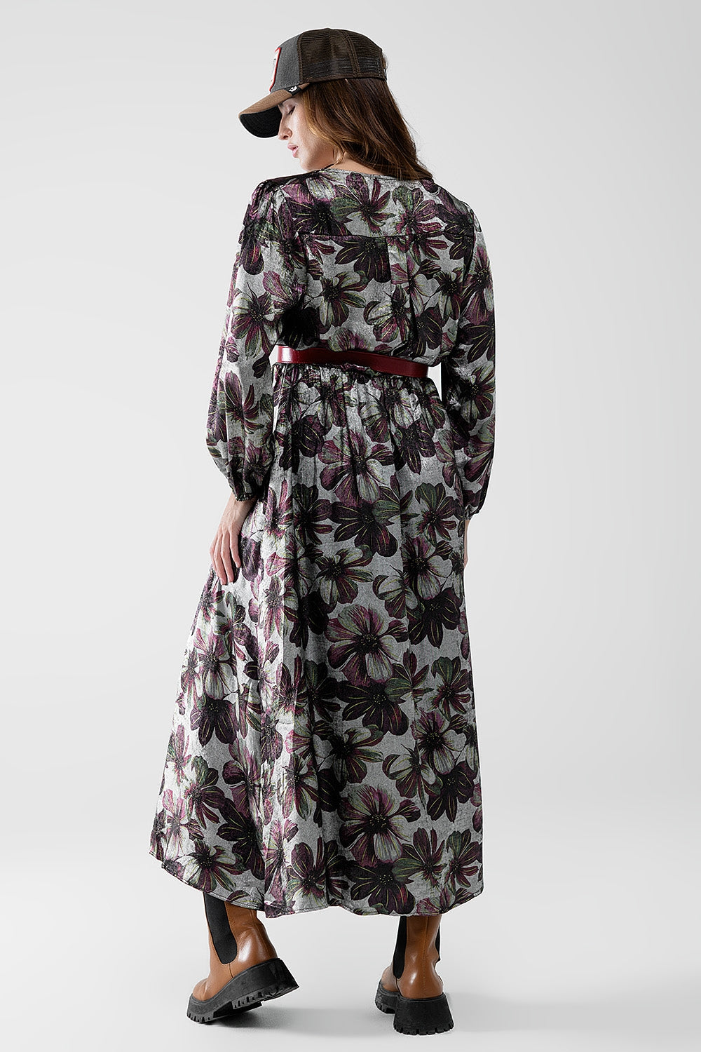 robe longue avec imprimé floral à effet métallique