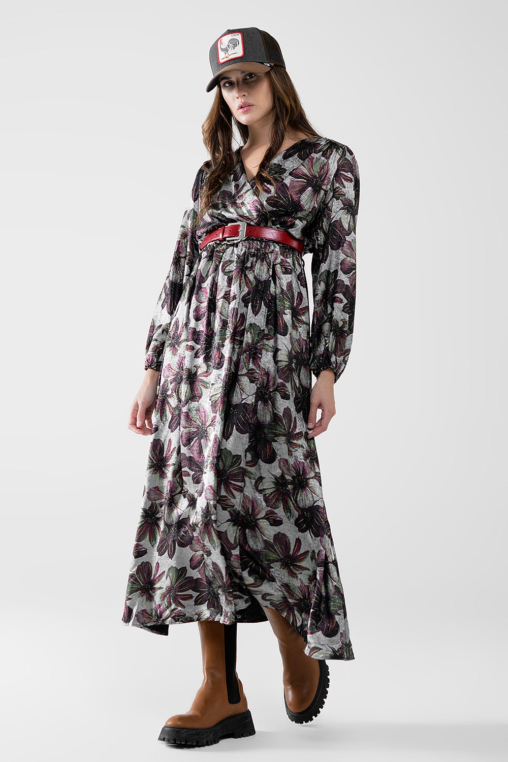 robe longue avec imprimé floral à effet métallique