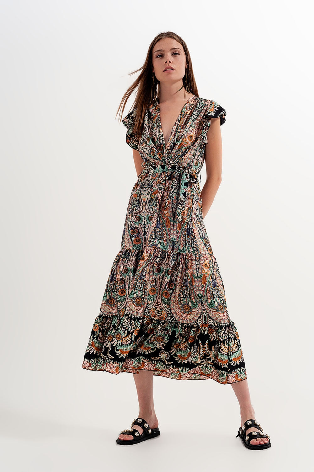 Robe longue avec jupe à superpositions et motif cachemire