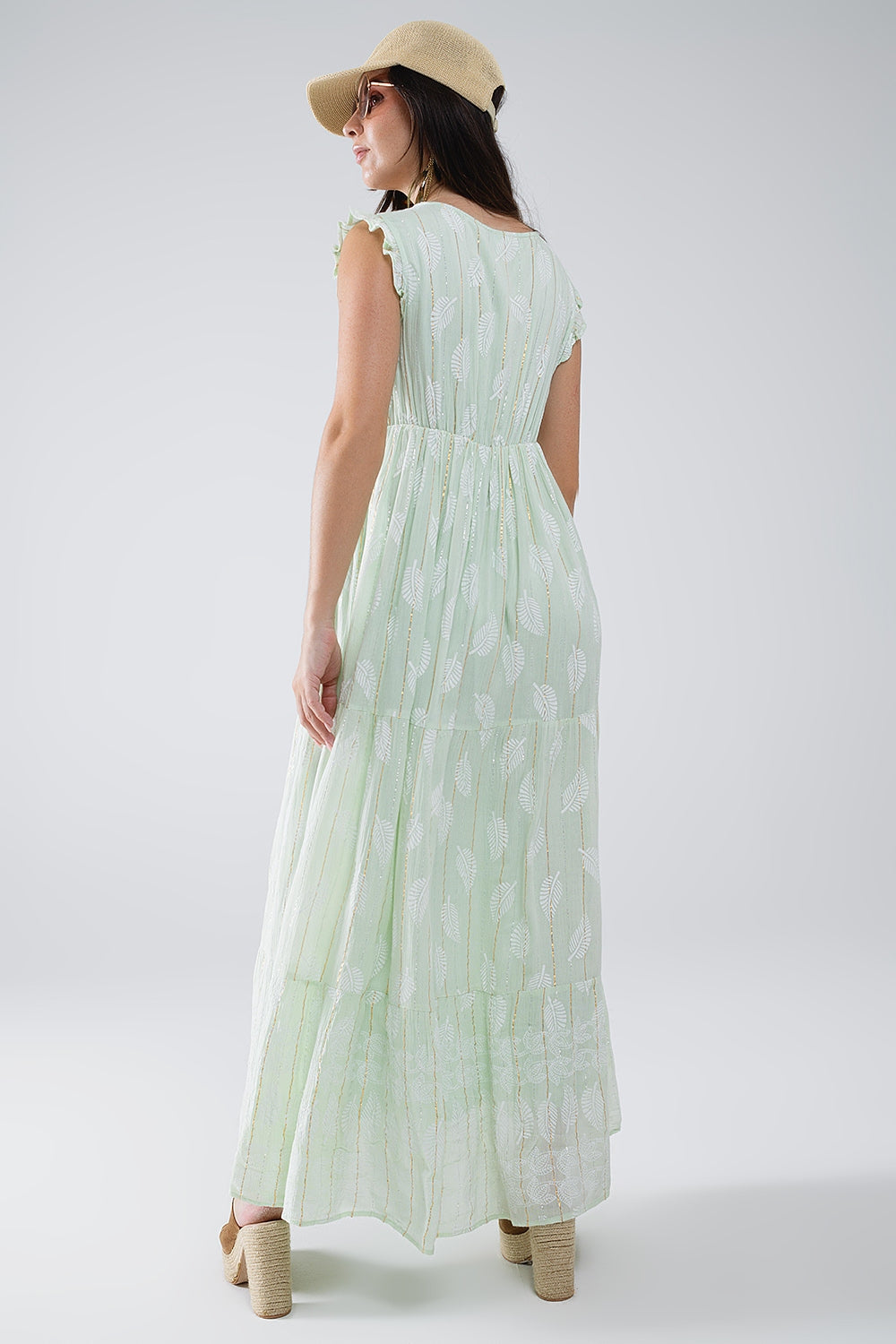 Robe longue babydoll boho à imprimé feuilles et lurex en menthe