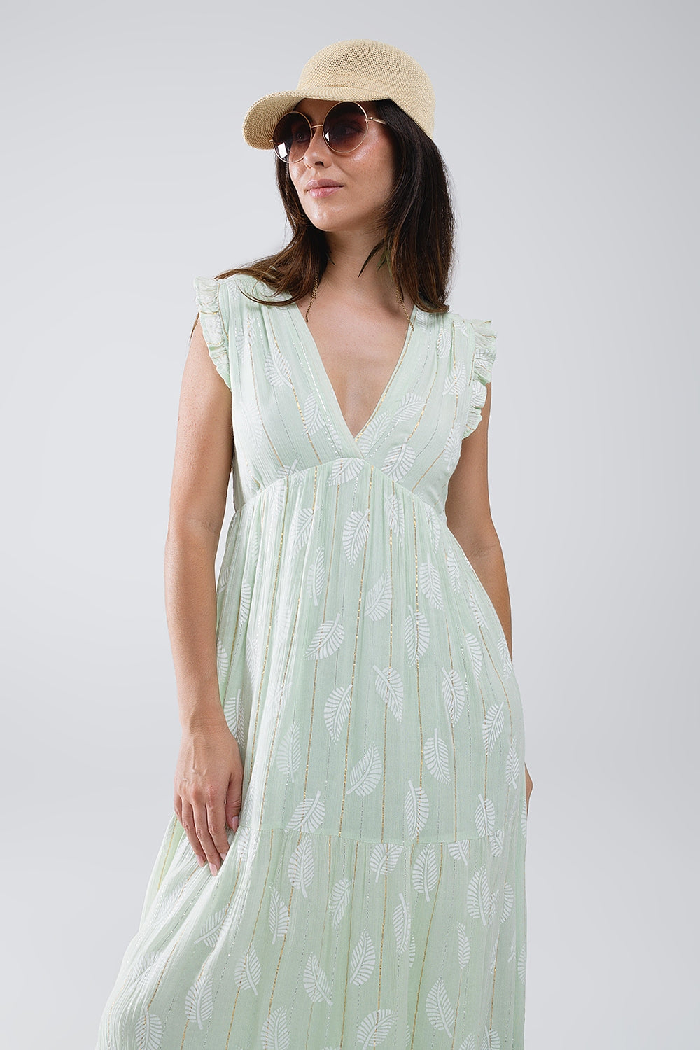 Robe longue babydoll boho à imprimé feuilles et lurex en menthe