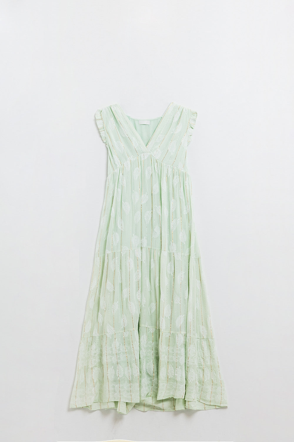 Robe longue babydoll boho à imprimé feuilles et lurex en menthe