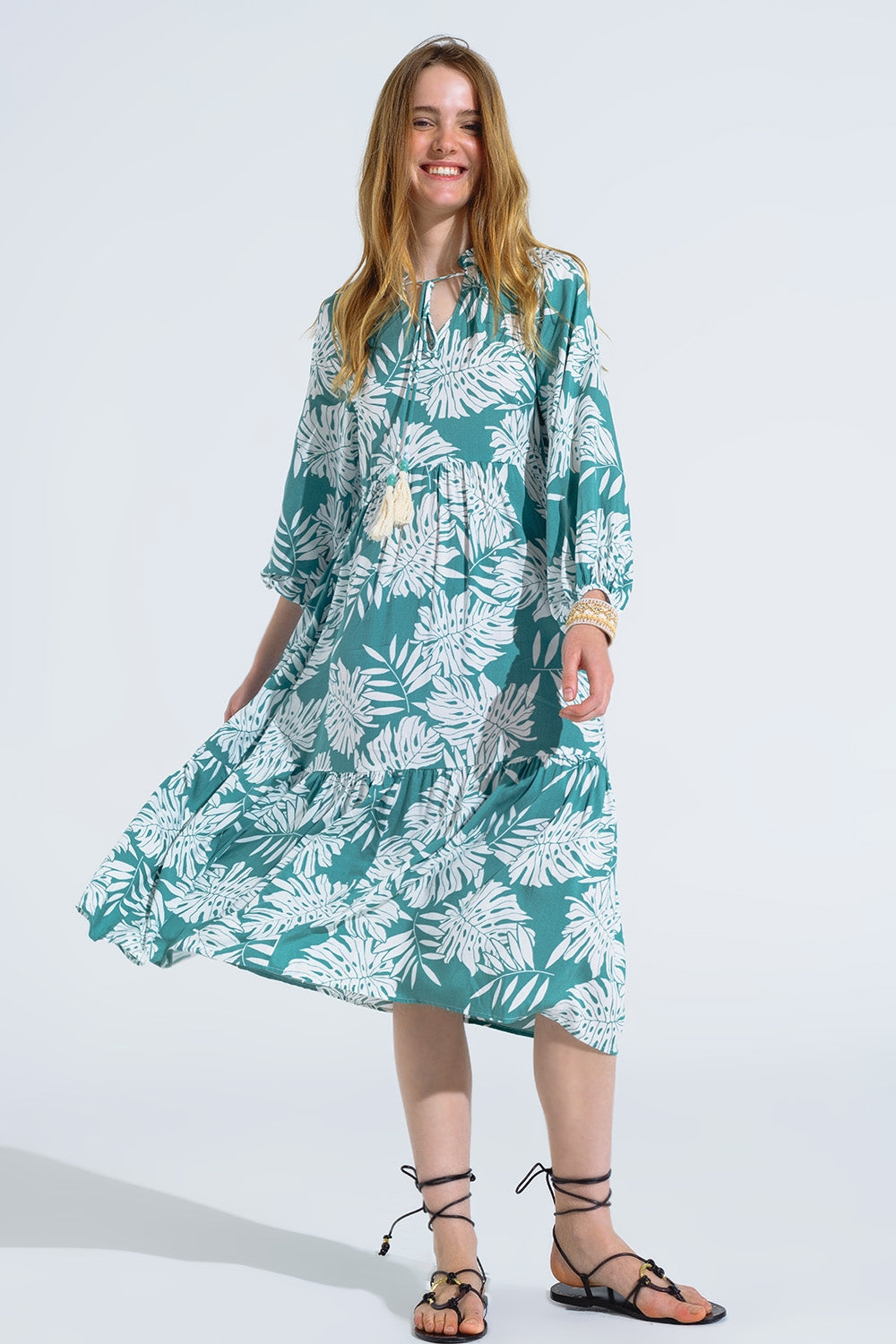 Robe longue boho à manches ballon et imprimé feuilles en vert