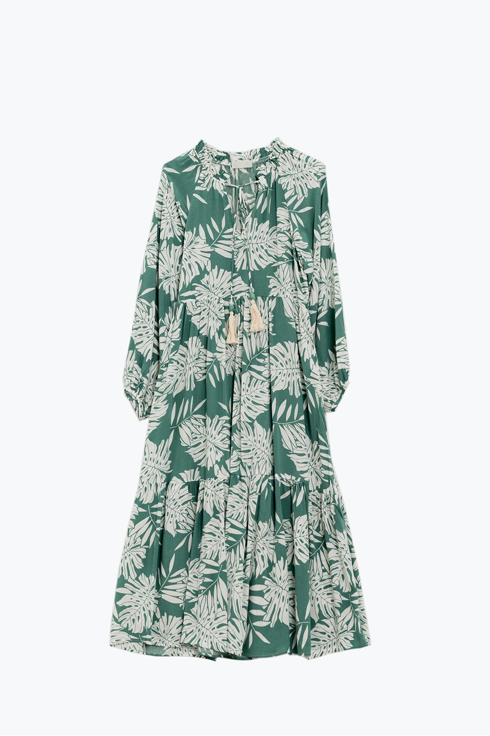 Robe longue boho à manches ballon et imprimé feuilles en vert