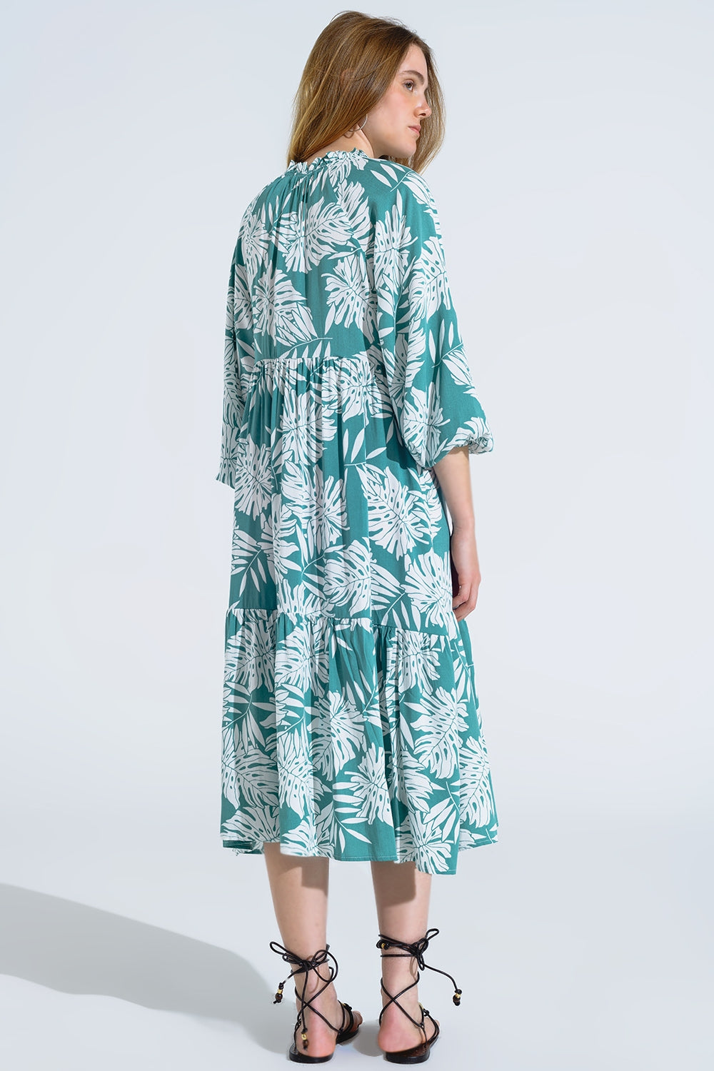 Robe longue boho à manches ballon et imprimé feuilles en vert