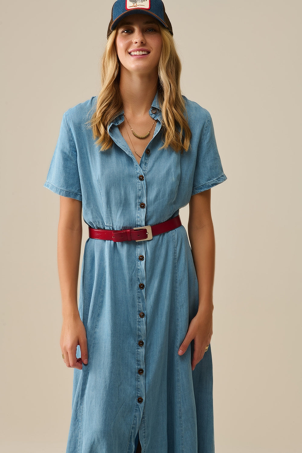 Robe longue boutonnée en tissu Tencel bleu clair