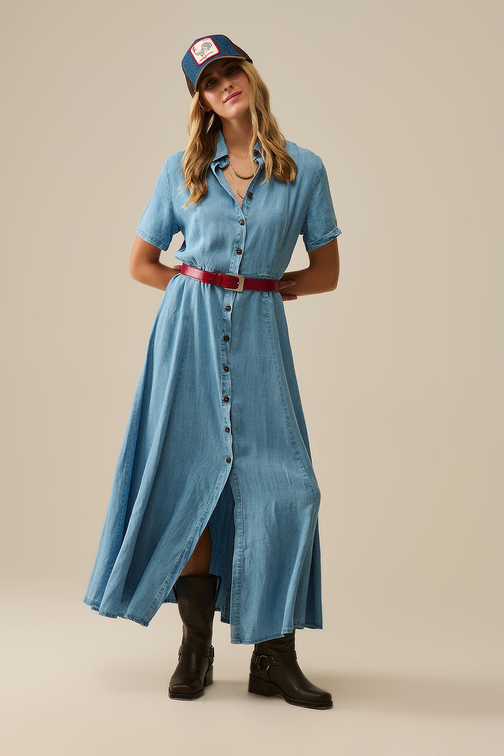 Robe longue boutonnée en tissu Tencel bleu clair