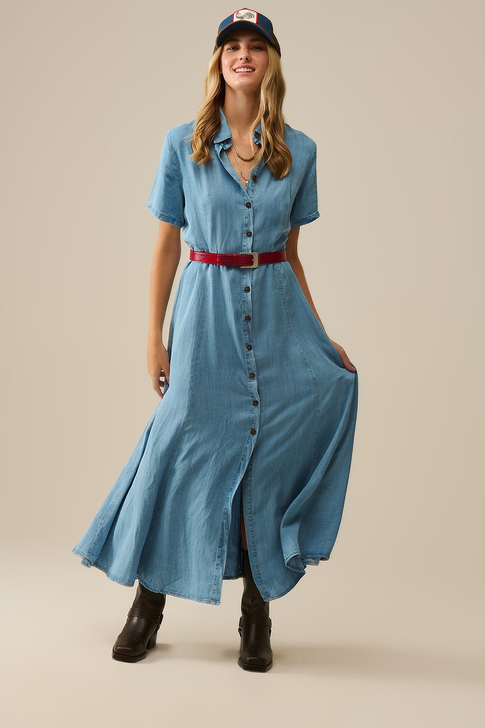 Robe longue boutonnée en tissu Tencel bleu clair