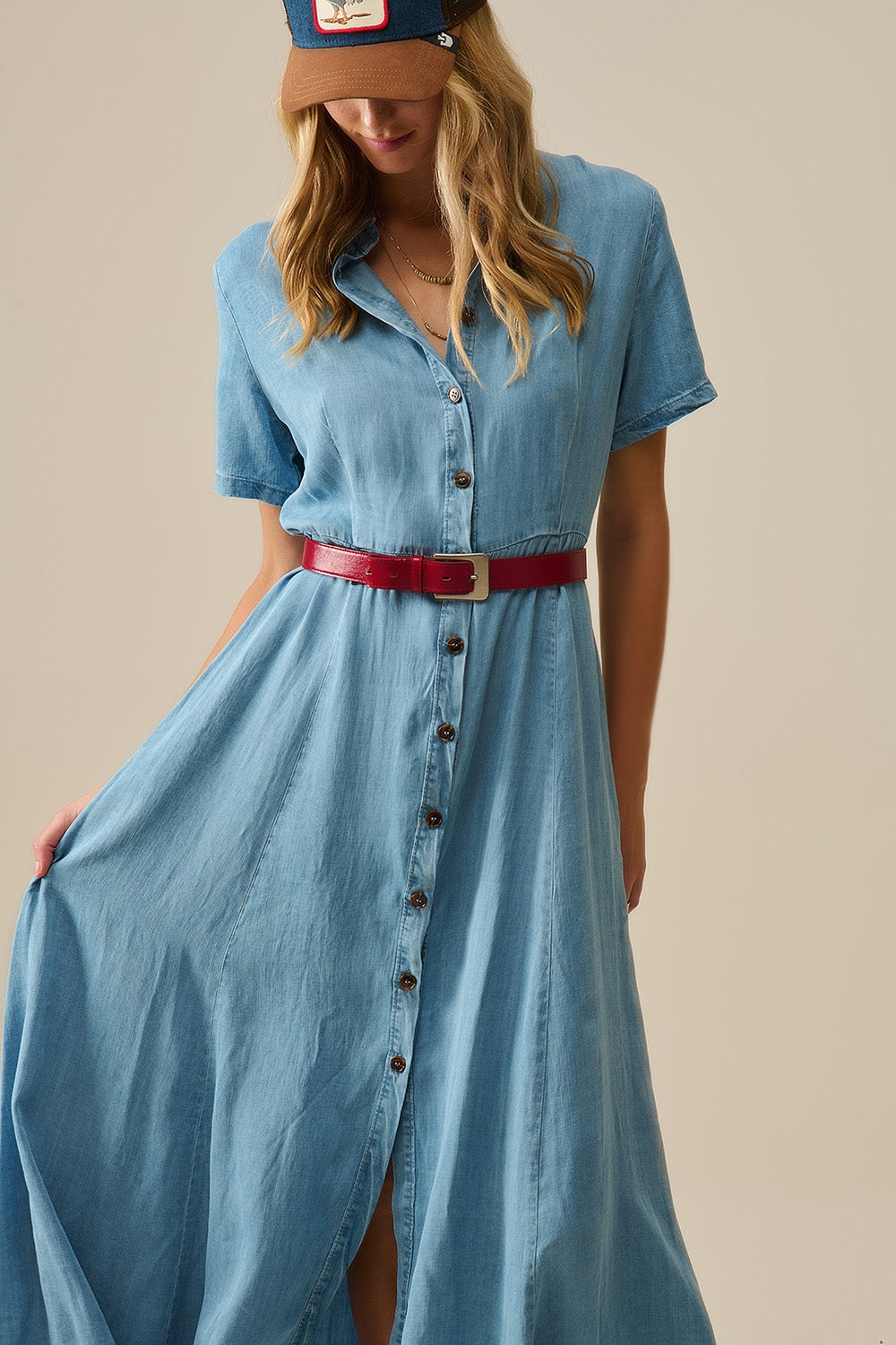 Robe longue boutonnée en tissu Tencel bleu clair