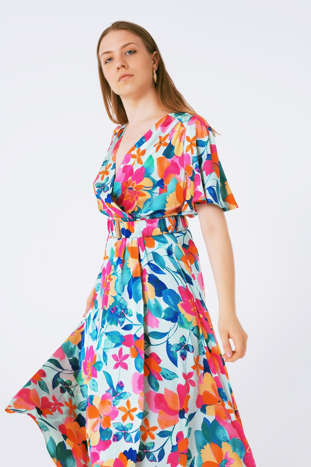 robe longue ceinturée en satin doux avec imprimé fleuri
