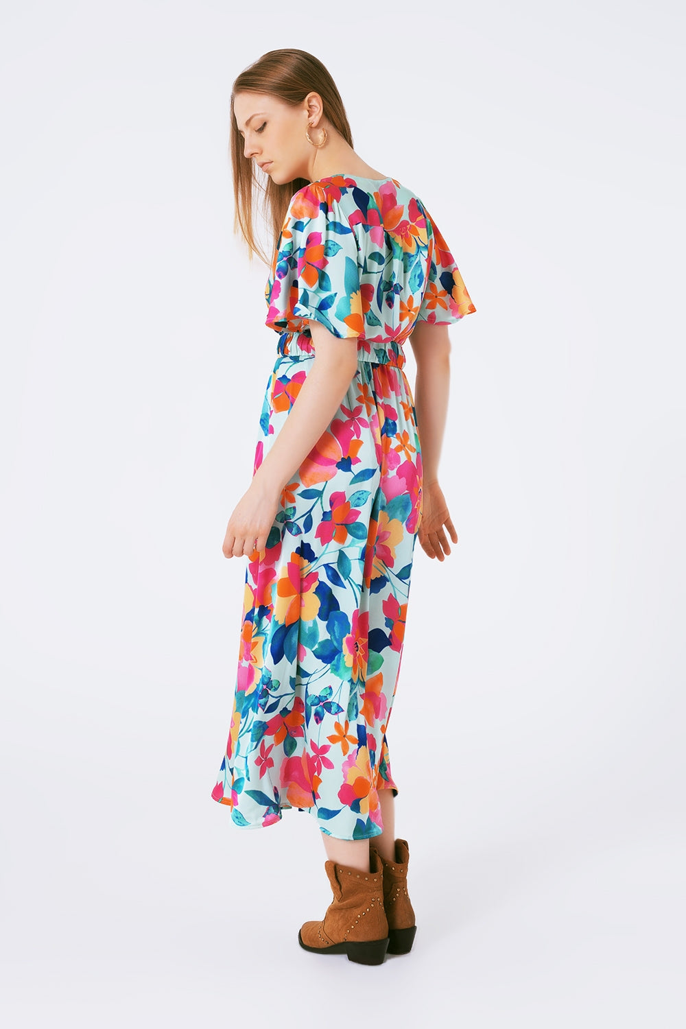robe longue ceinturée en satin doux avec imprimé fleuri
