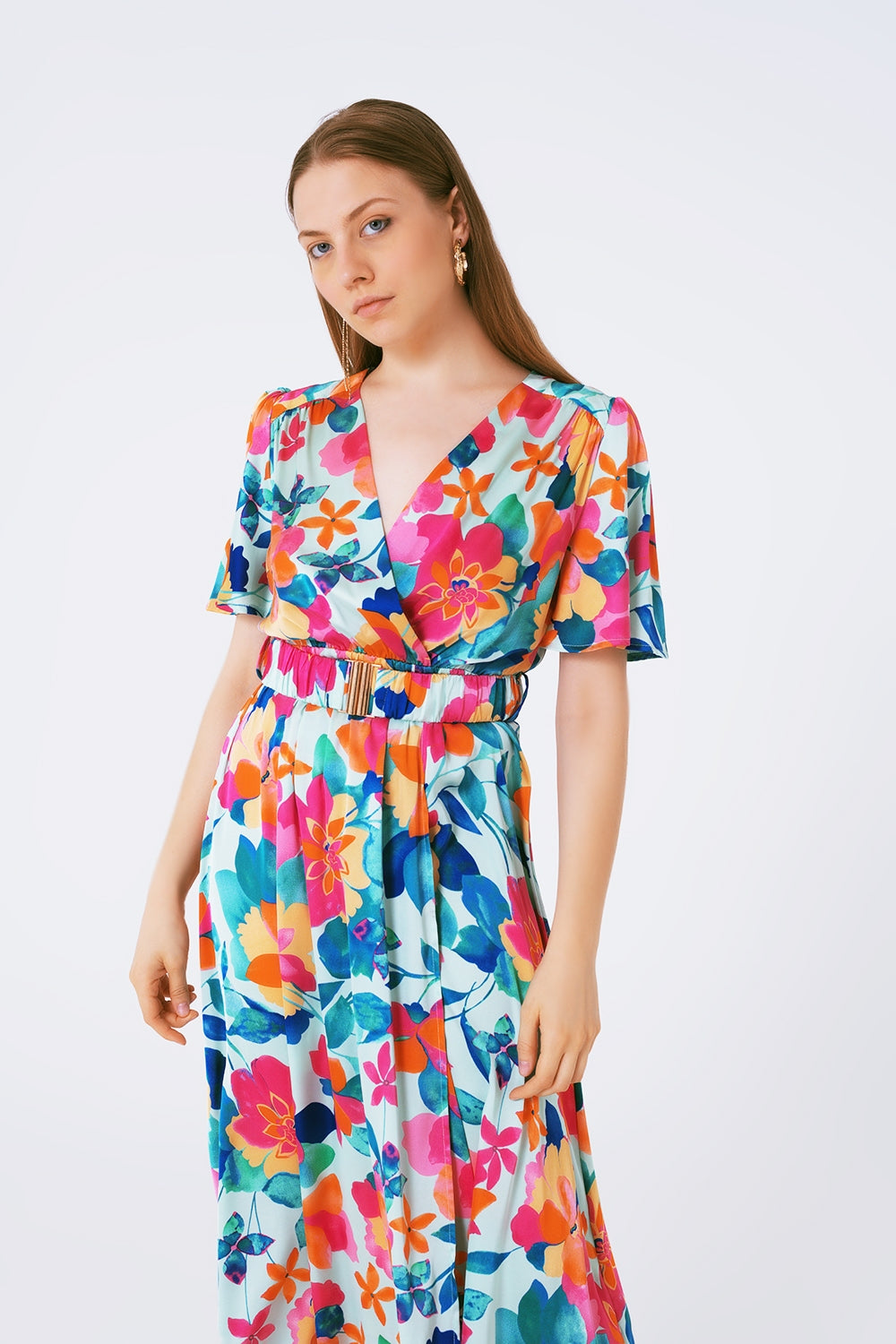 robe longue ceinturée en satin doux avec imprimé fleuri