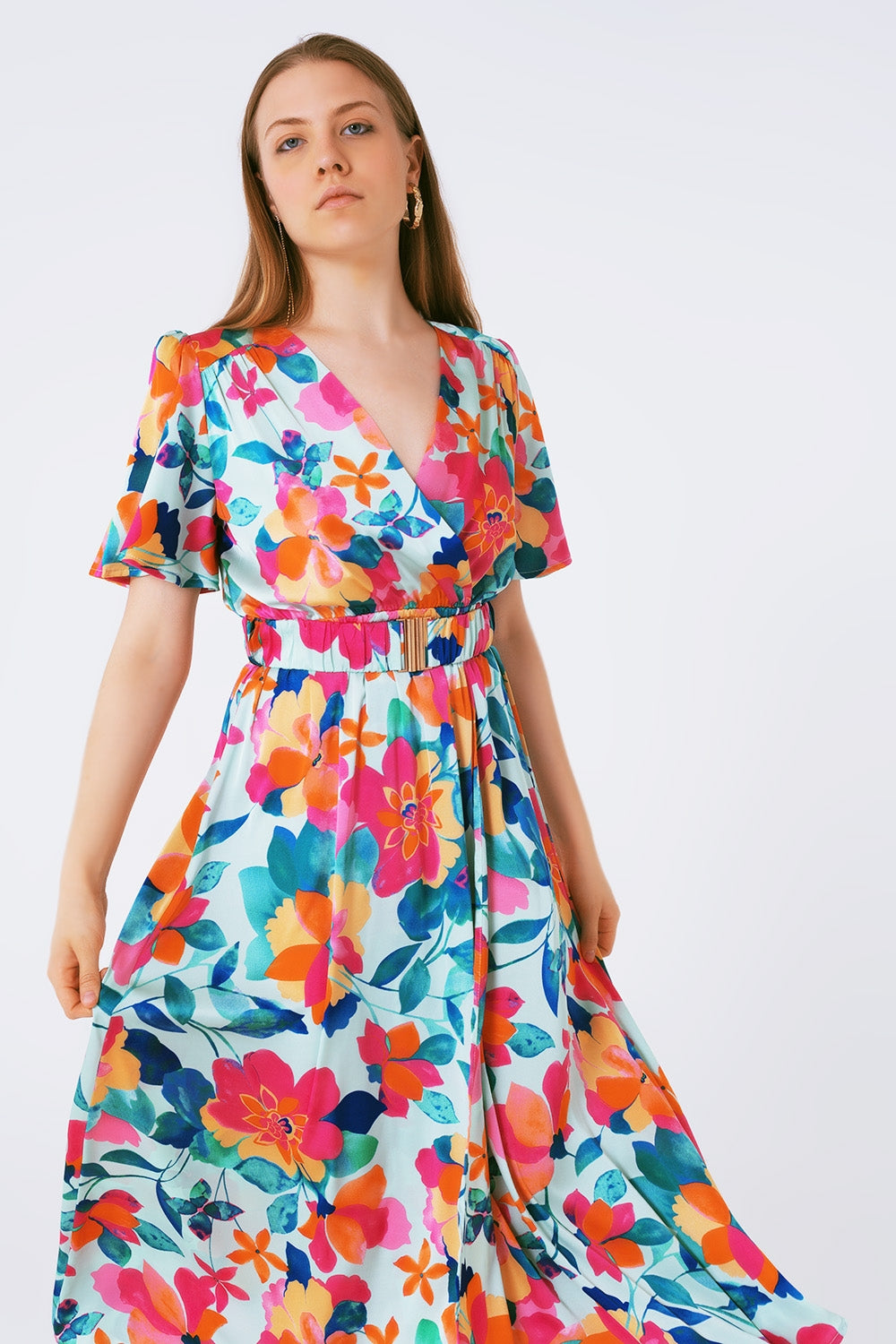 robe longue ceinturée en satin doux avec imprimé fleuri