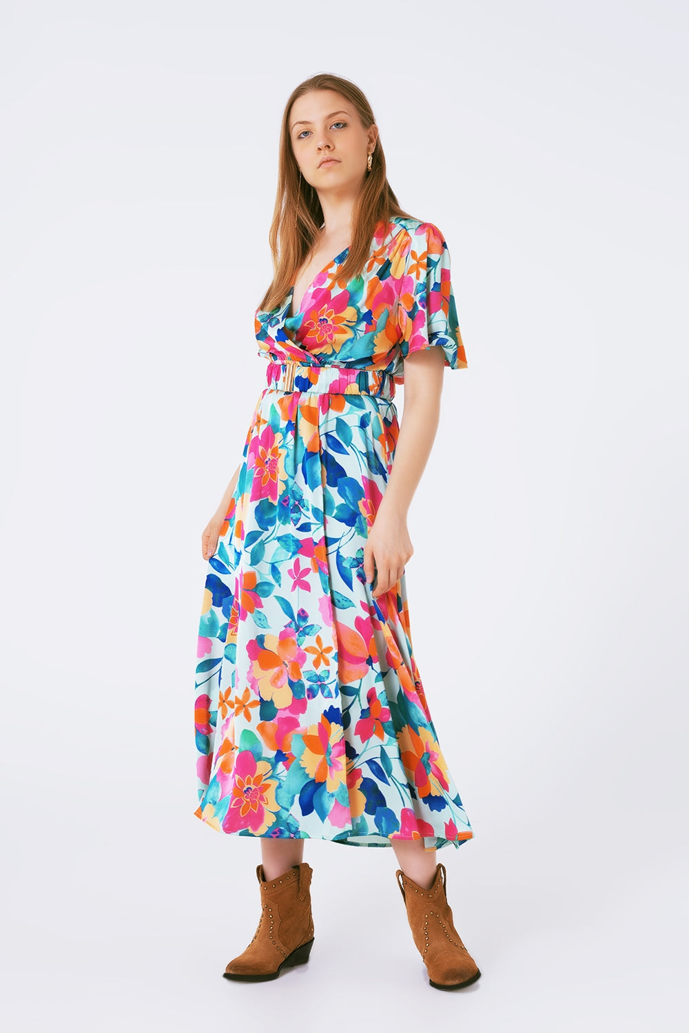 robe longue ceinturée en satin doux avec imprimé fleuri