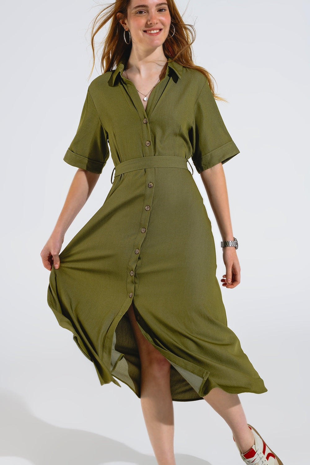 Robe longue chemise verte à col polo