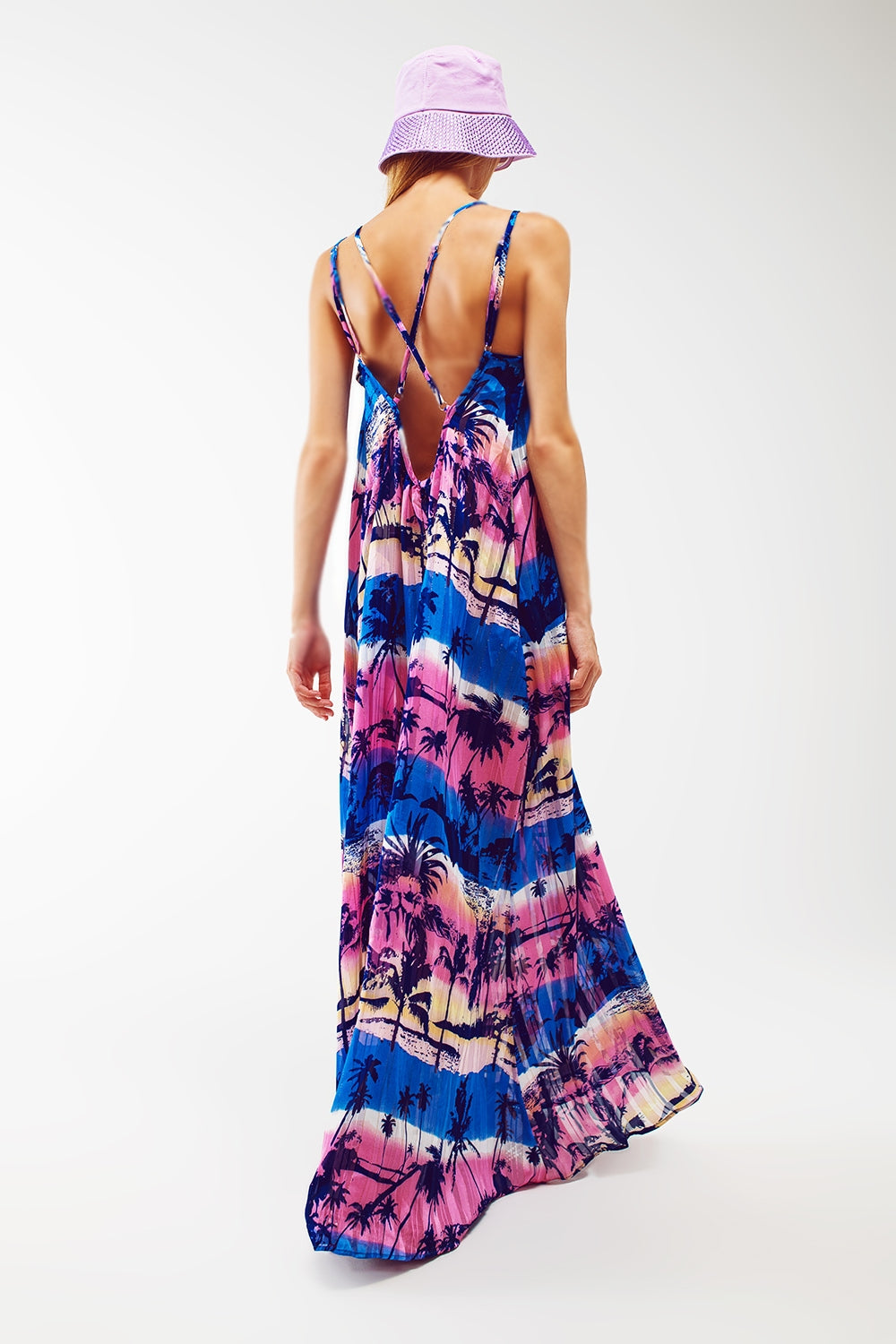 Robe longue décontractée à dos ouvert à imprimé bleu tropical