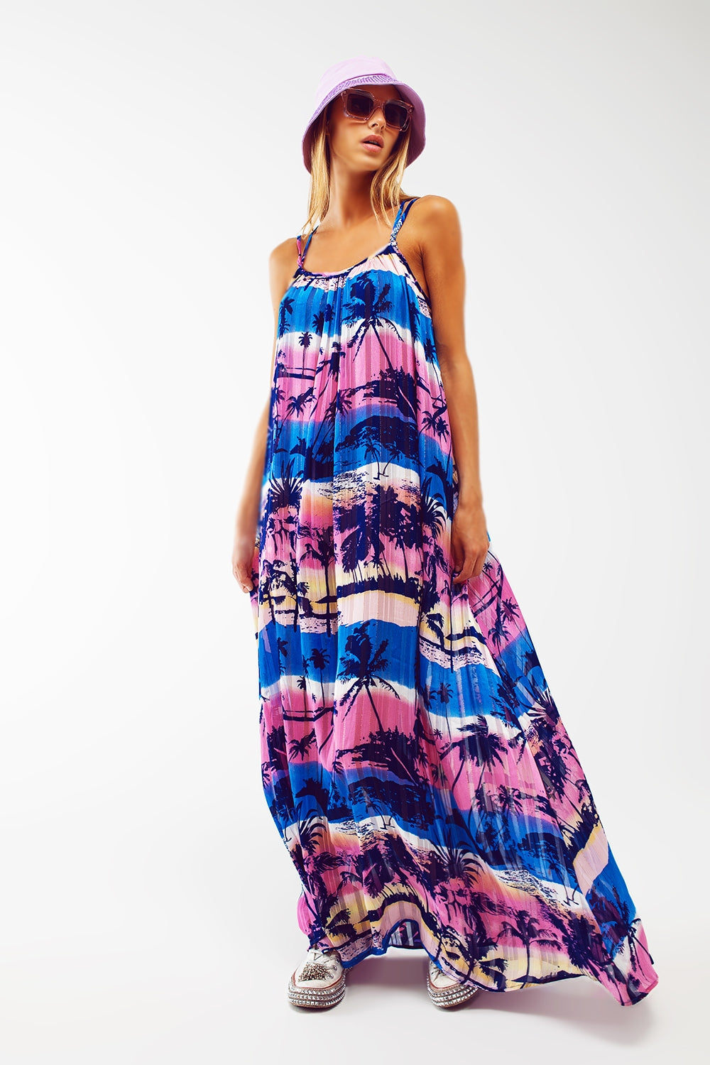 Robe longue décontractée à dos ouvert à imprimé bleu tropical