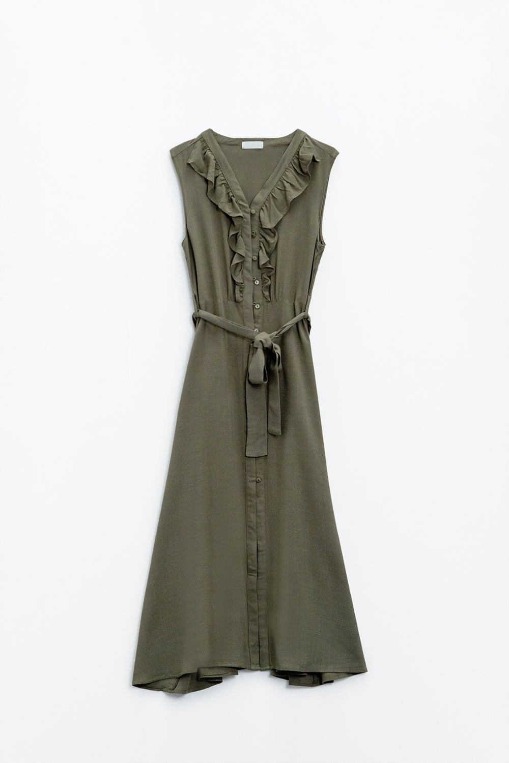 Robe longue en kaki avec volants et boutons