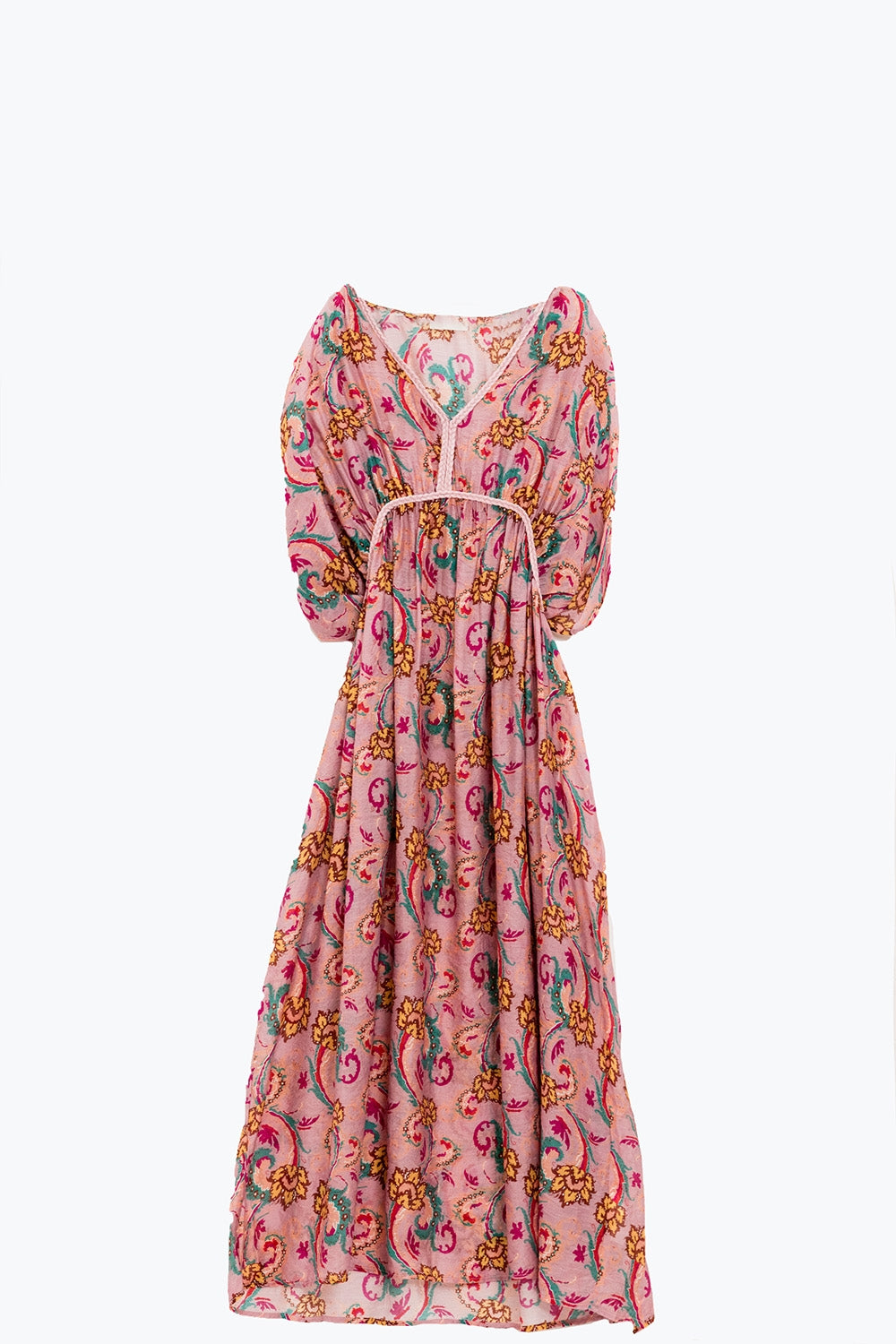 Robe longue en rose avec coutures tressées et imprimé floral