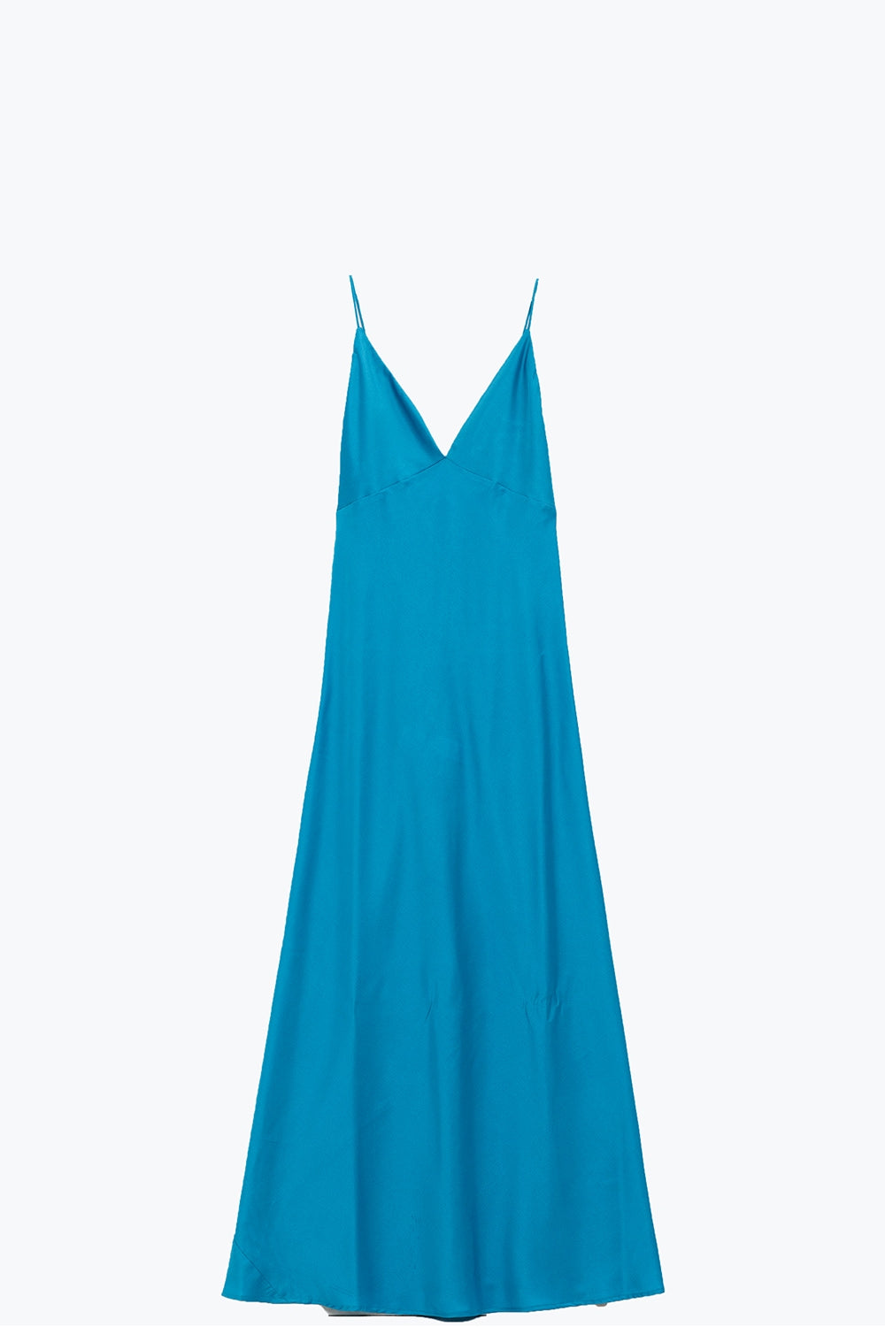 Robe longue en satin avec bretelles spaghetti en bleu
