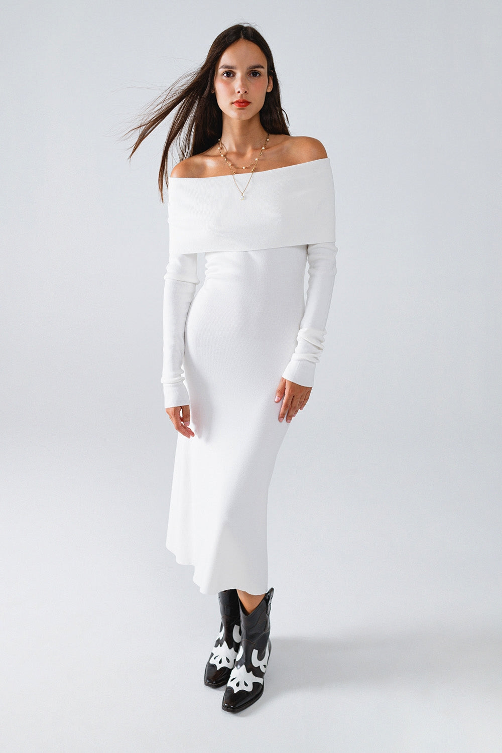 Robe longue en tricot à rabat Badot en blanc