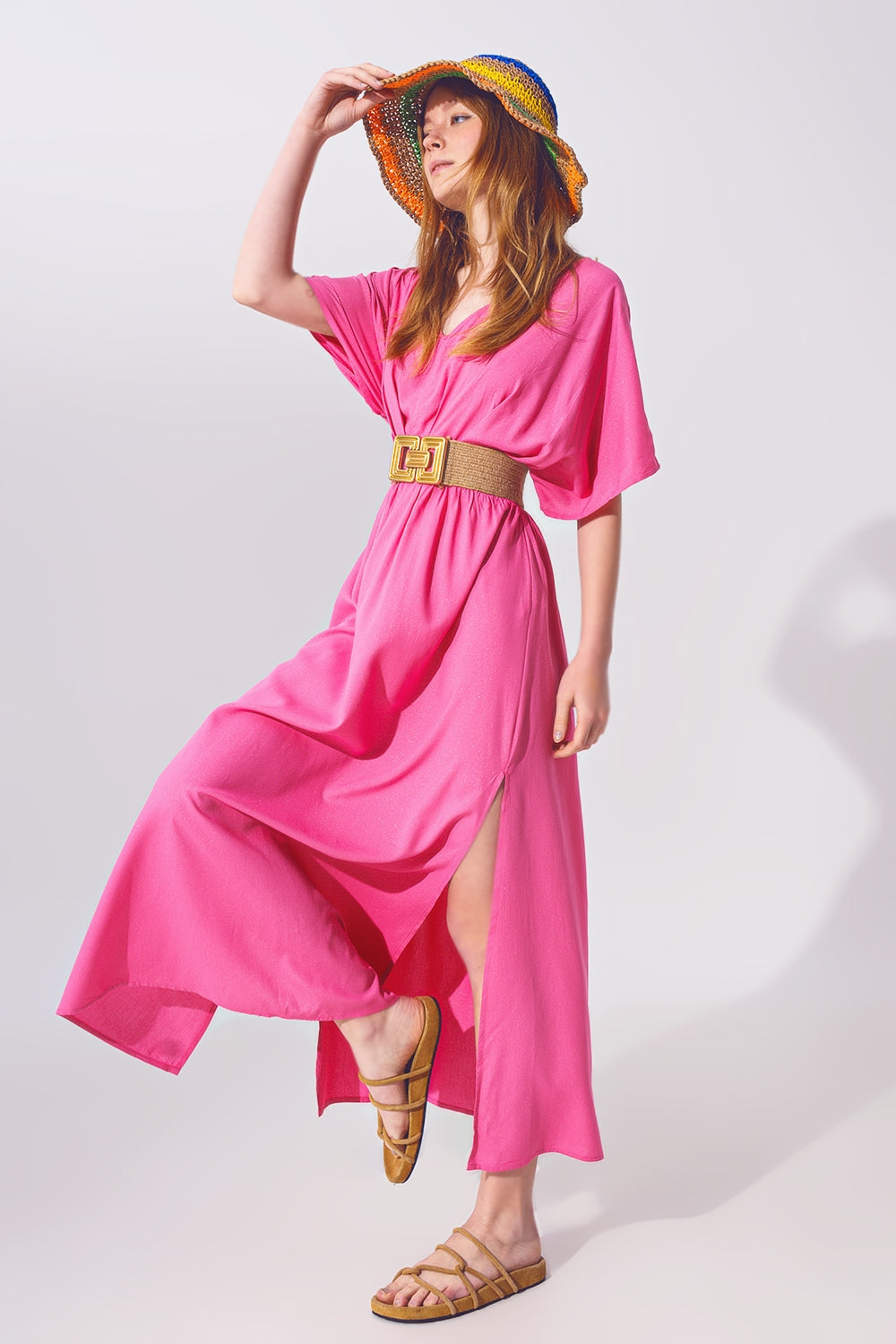 robe longue et cintree a la taille rose