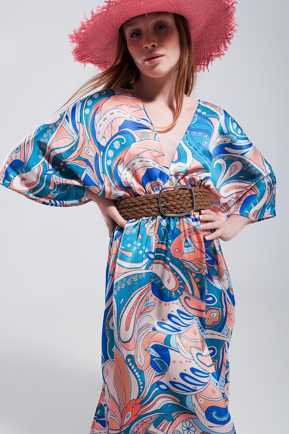 Robe longue froncée avec rubans à nouer au dos bleu