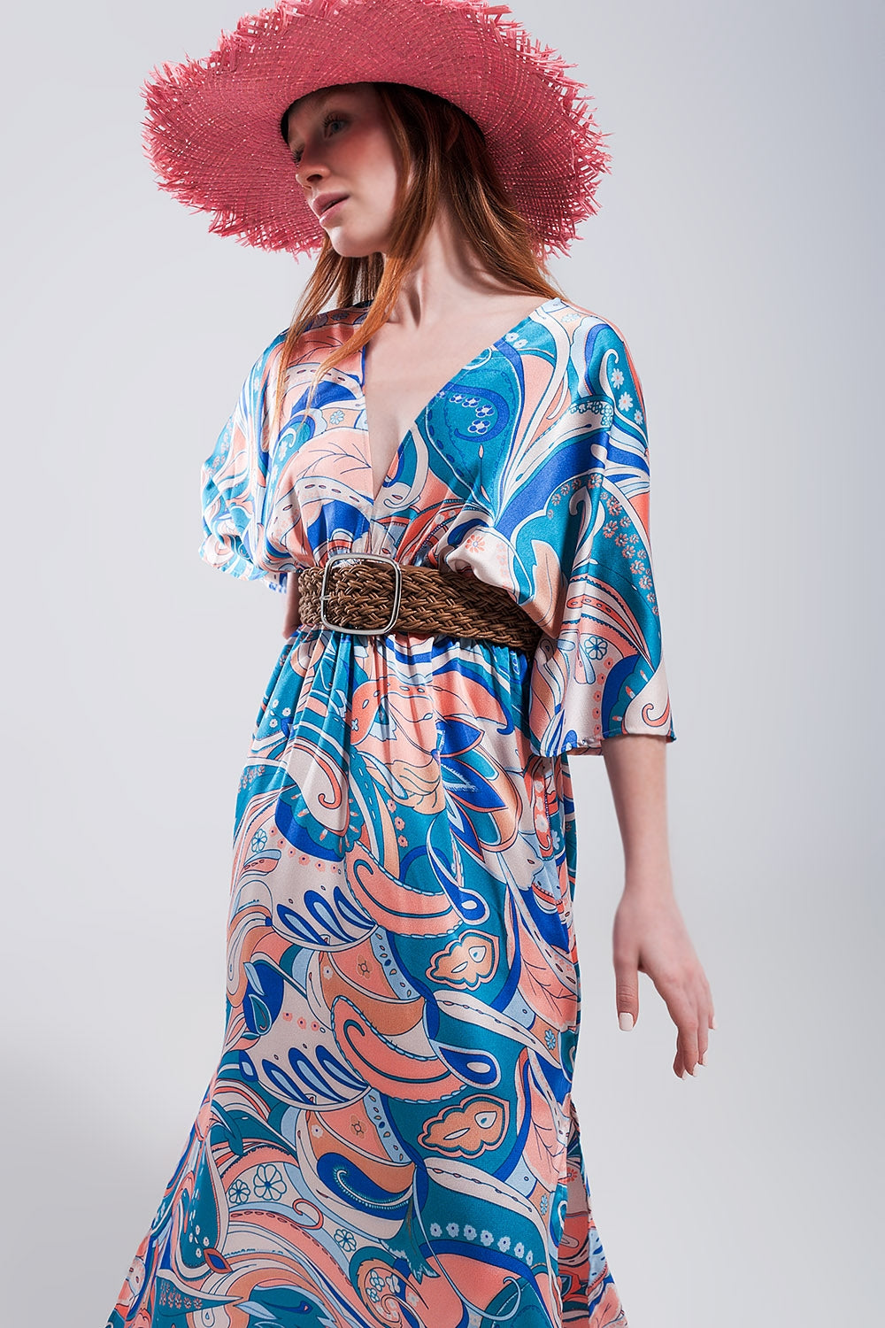 Robe longue froncée avec rubans à nouer au dos bleu
