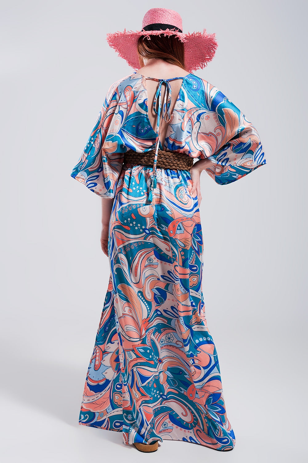 Robe longue froncée avec rubans à nouer au dos bleu
