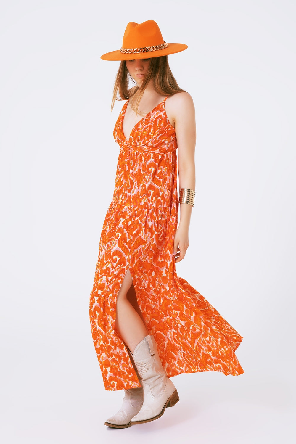 Robe longue imprimée fleurie avec décolleté en V en orange
