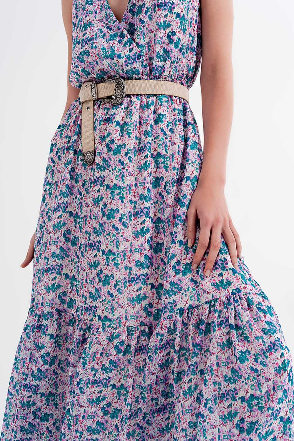 Robe longue sans manches à petites fleurs en vert