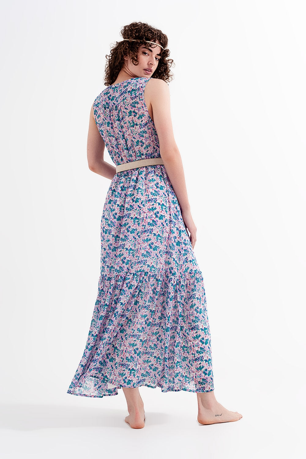 Robe longue sans manches à petites fleurs en vert