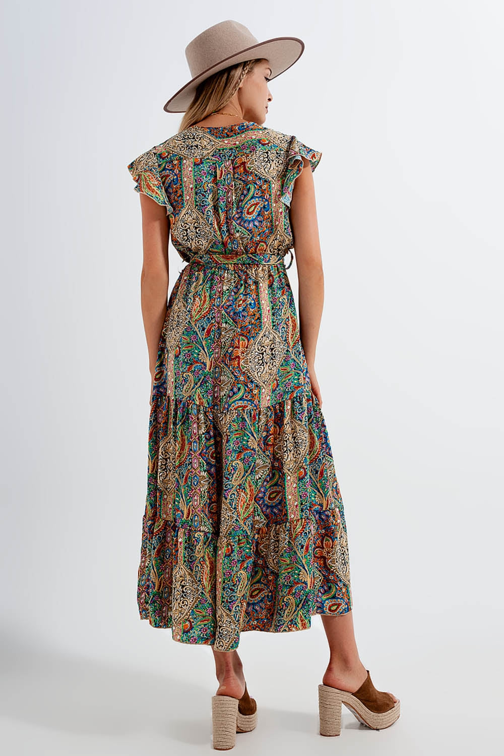 Robe longueur mollet avec ourlet à volants et imprimé cachemire en vert