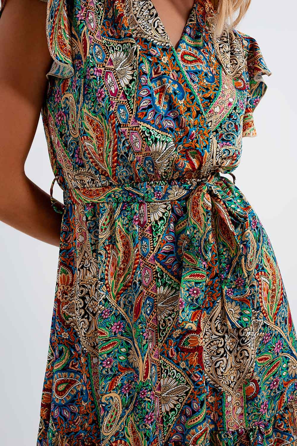 Robe longueur mollet avec ourlet à volants et imprimé cachemire en vert