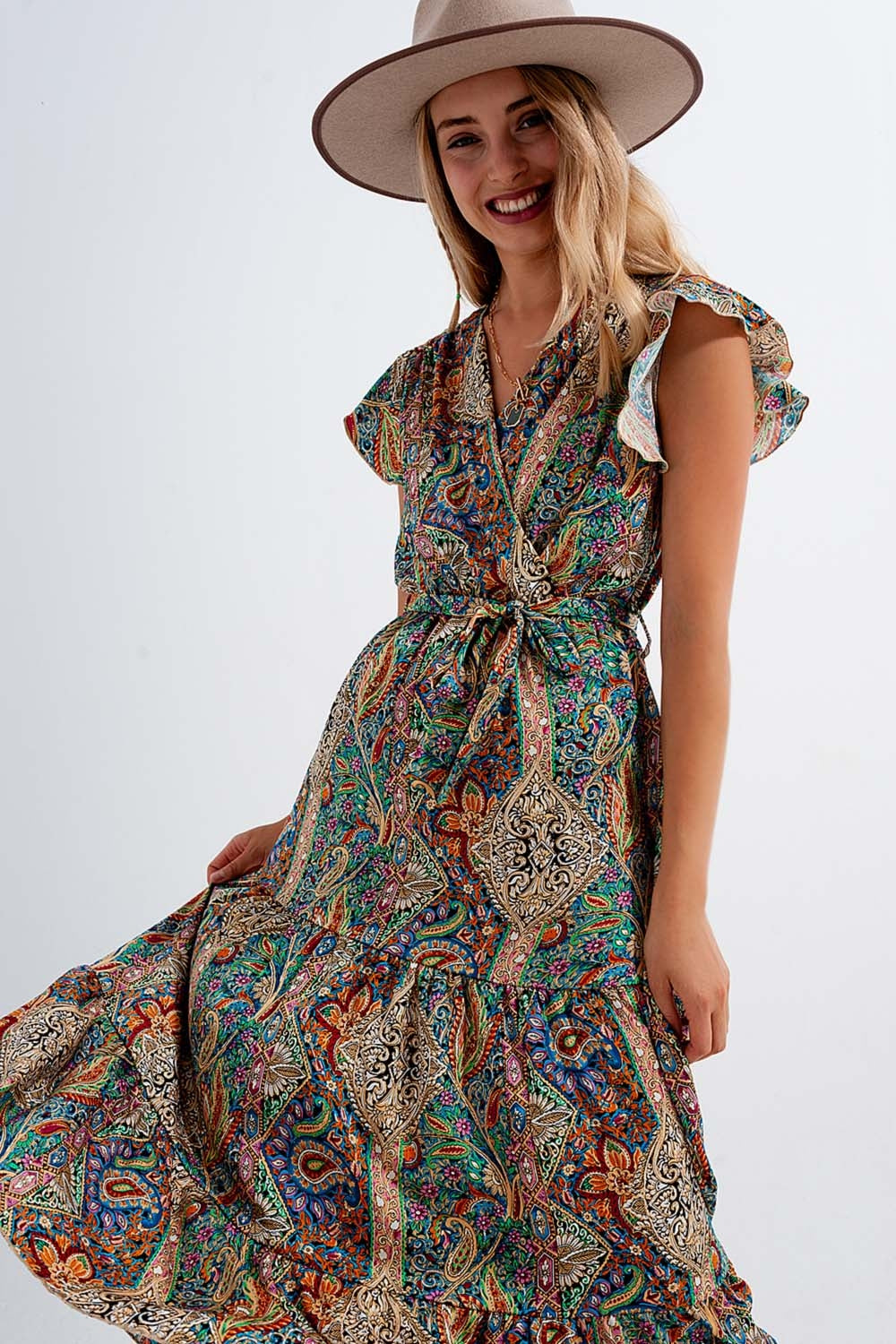 Robe longueur mollet avec ourlet à volants et imprimé cachemire en vert