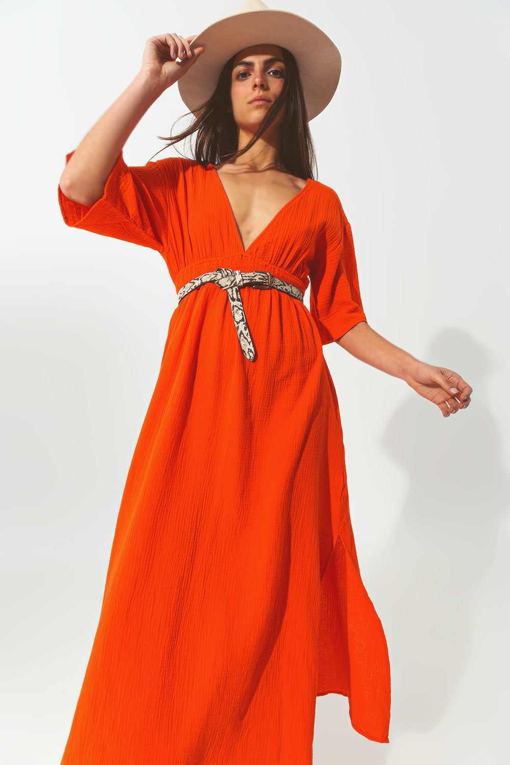 Robe Maxi à col en V texturé en orange