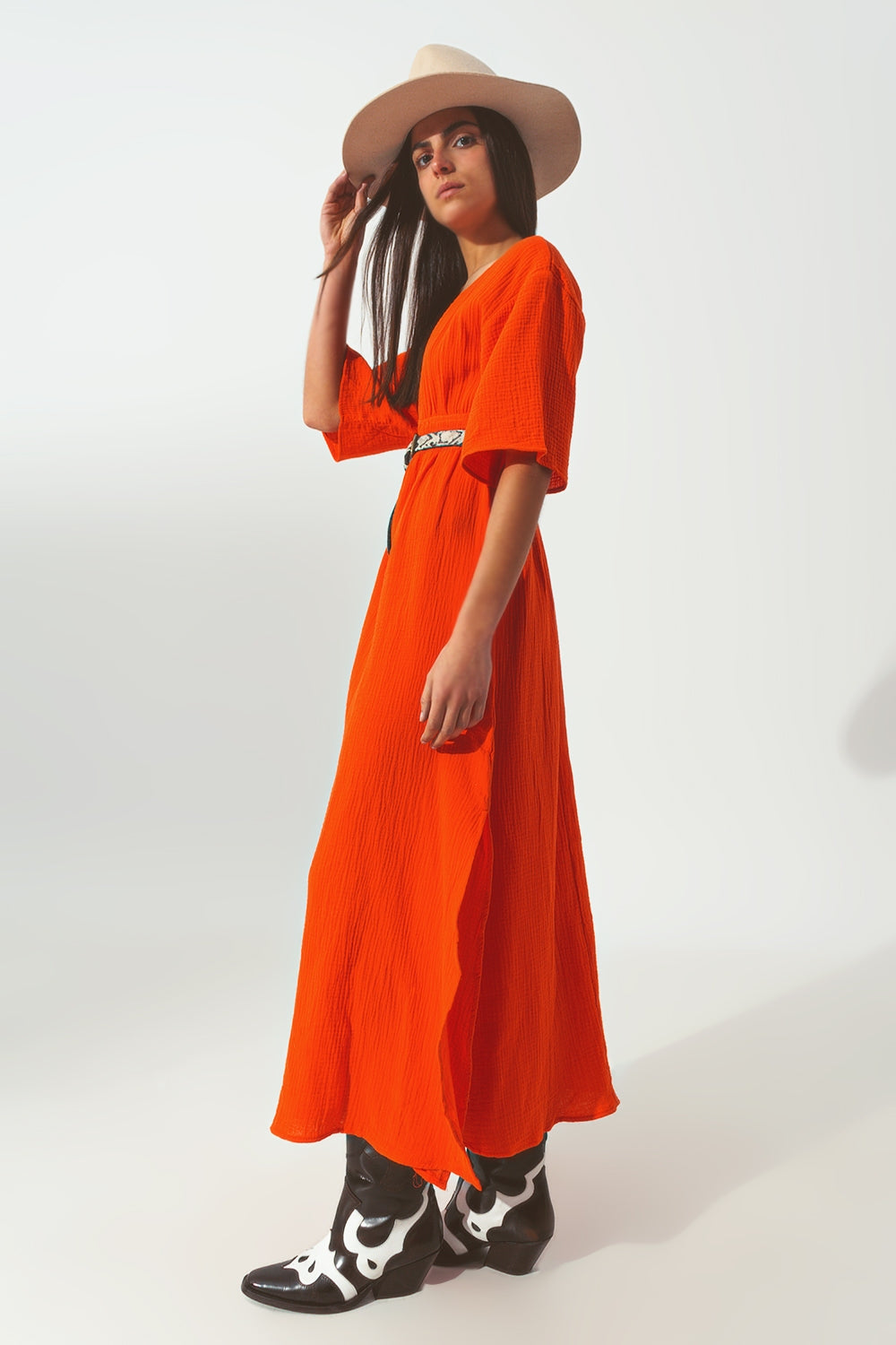 Robe Maxi à col en V texturé en orange