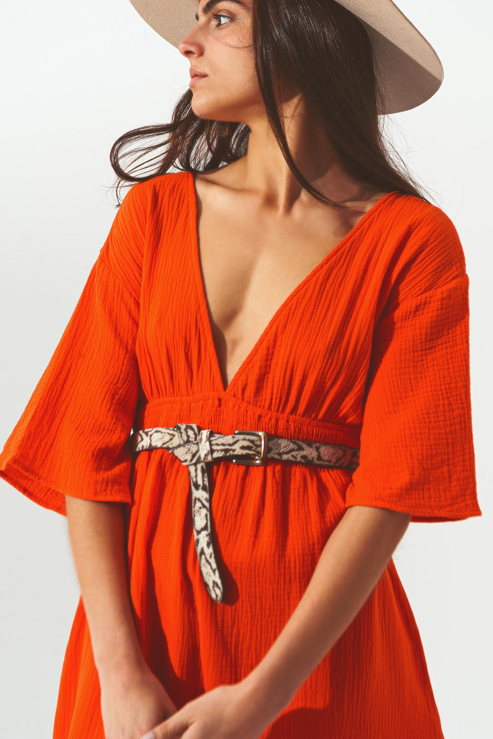 Robe Maxi à col en V texturé en orange
