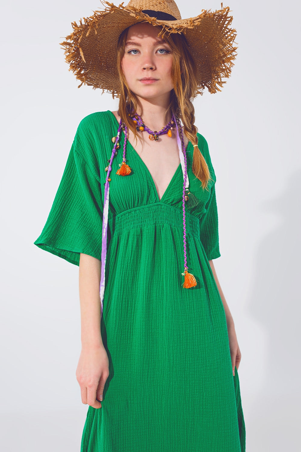 Robe Maxi à col en V texturé en vert